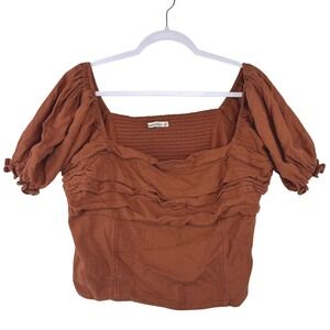 Abercrombie & Fitch Terracotta Linen Blend Ruched Puff Sleeve Top XL 140F1426